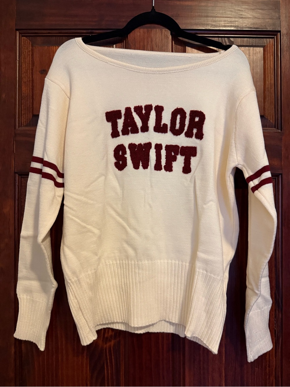 Official Taylor Swift Merch Cream Long Sleeve Sweater with Maroon Lettering
